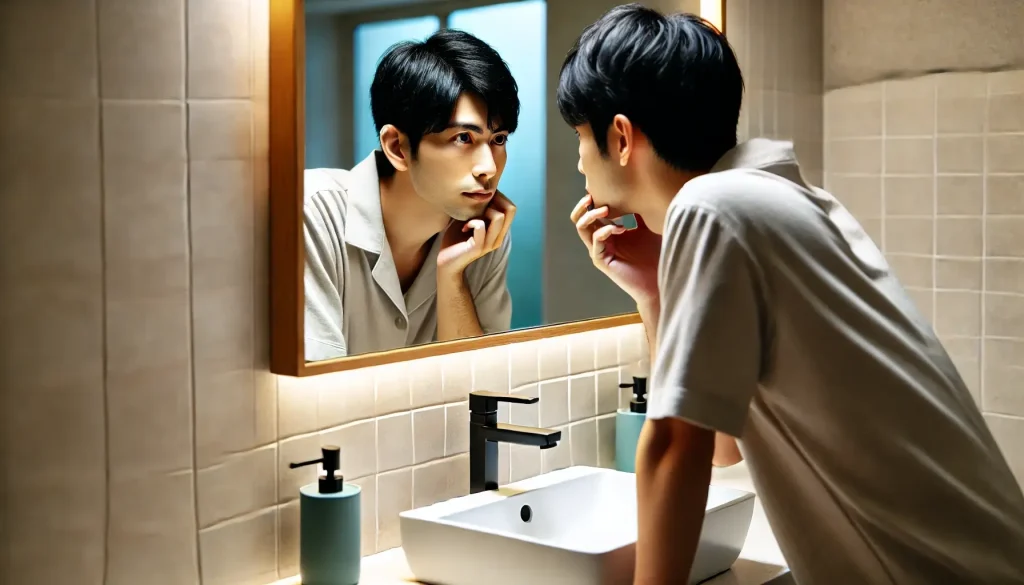 man-is-checking-his-face-in-the-mirror.